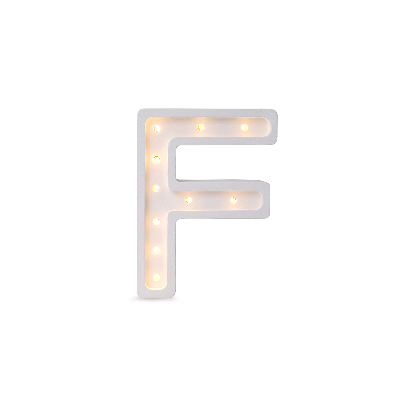 Little Lights mini wooden letter F night light in white, illuminated