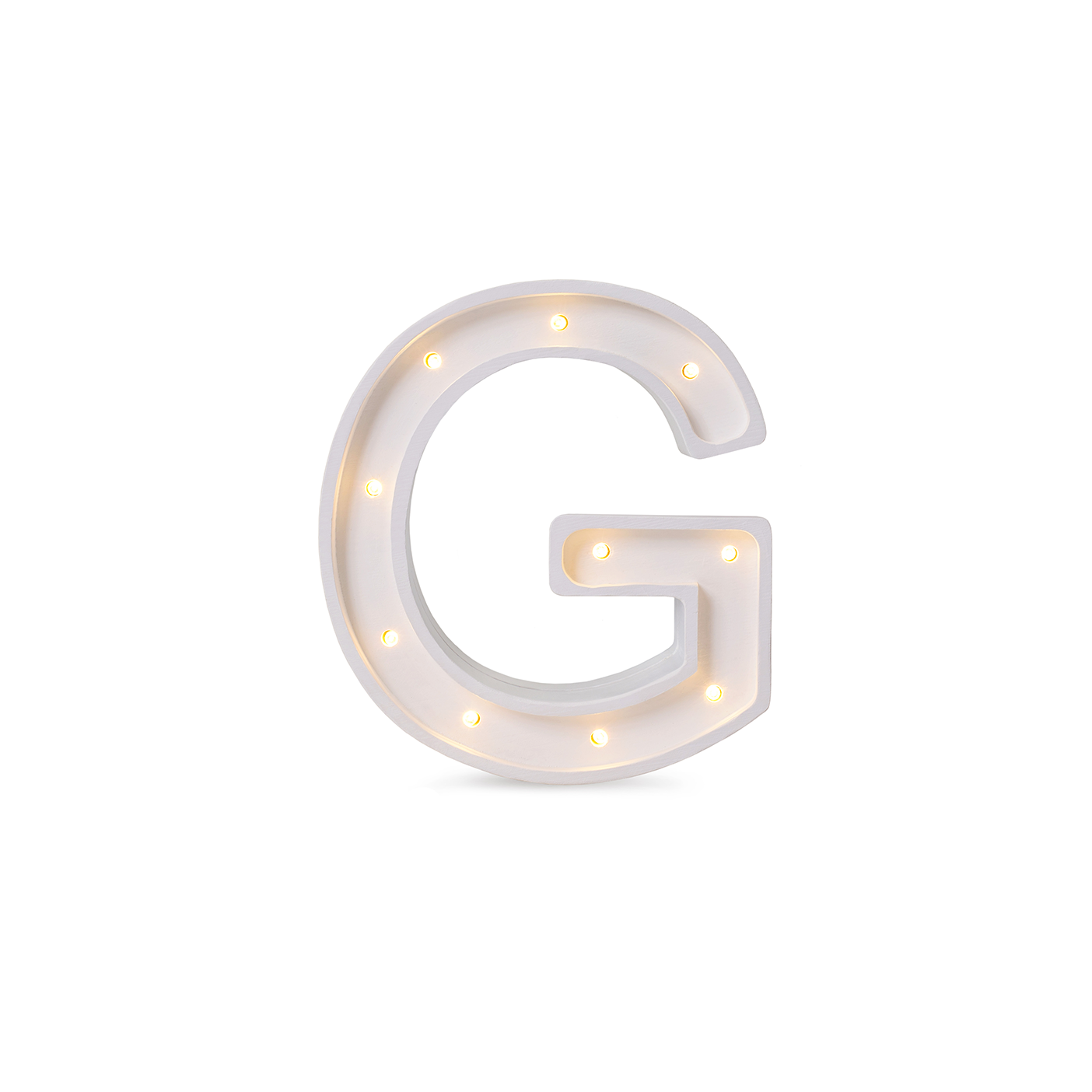 Little Lights mini wooden letter G night light in white, illuminated