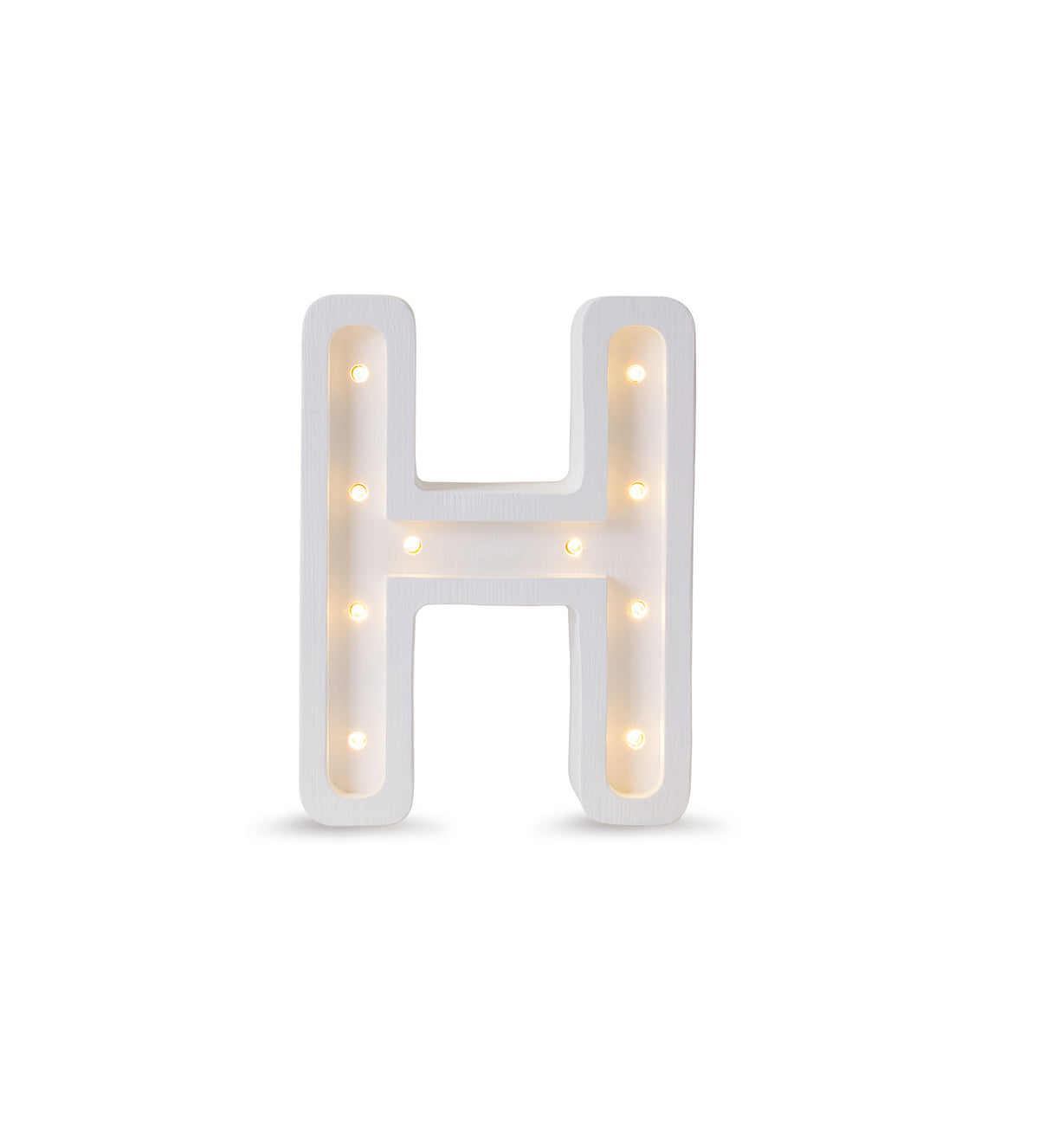 Little Lights mini wooden letter H night light in white, illuminated