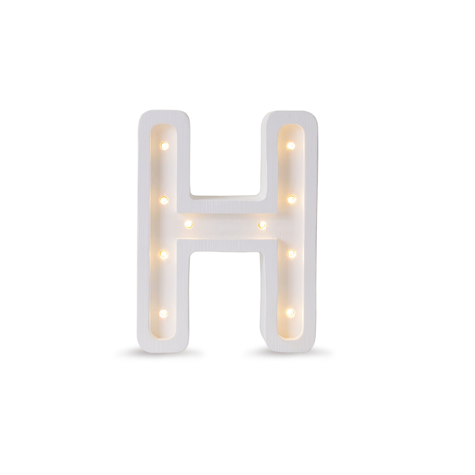 Little Lights mini wooden letter H night light in white, illuminated