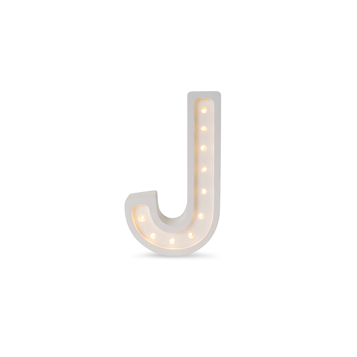 Little Lights mini wooden letter J night light in white, illuminated