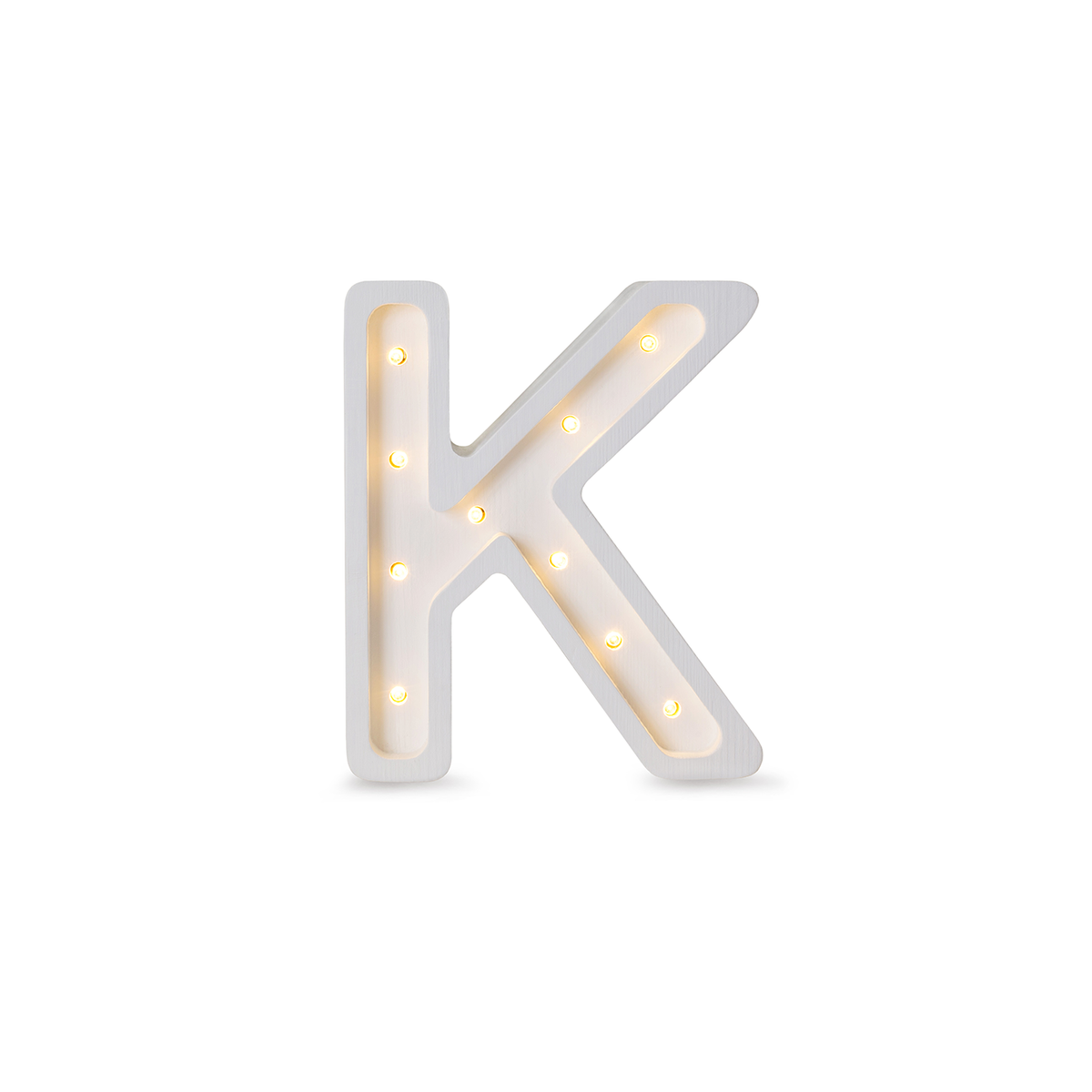 Little Lights mini wooden letter K night light in white, illuminated