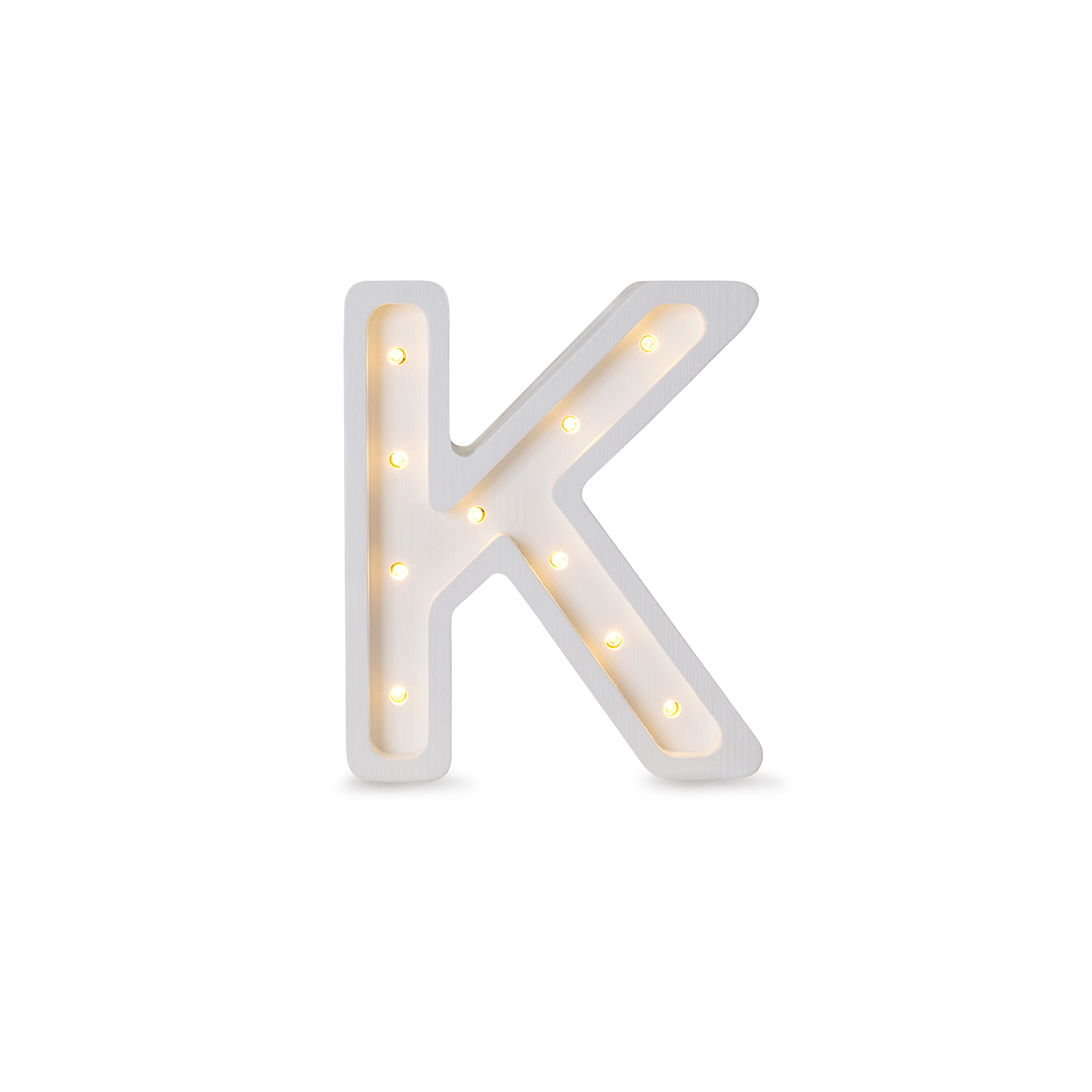 Little Lights mini wooden letter K night light in white, illuminated