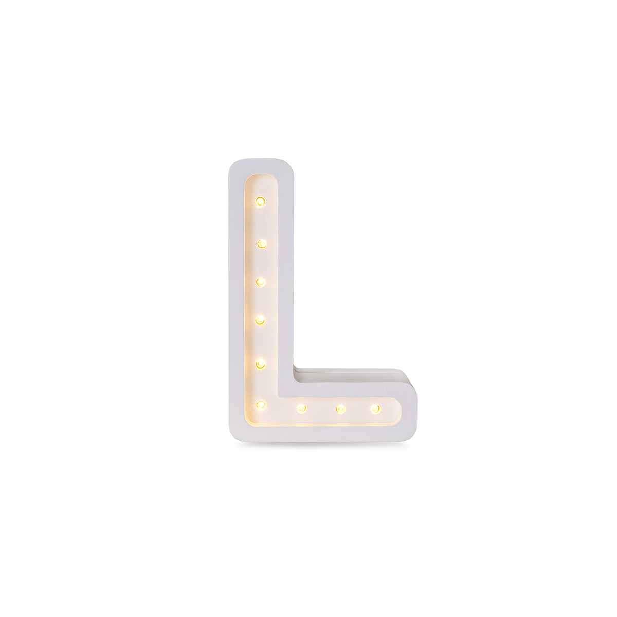 Little Lights mini wooden letter L night light in white, illuminated