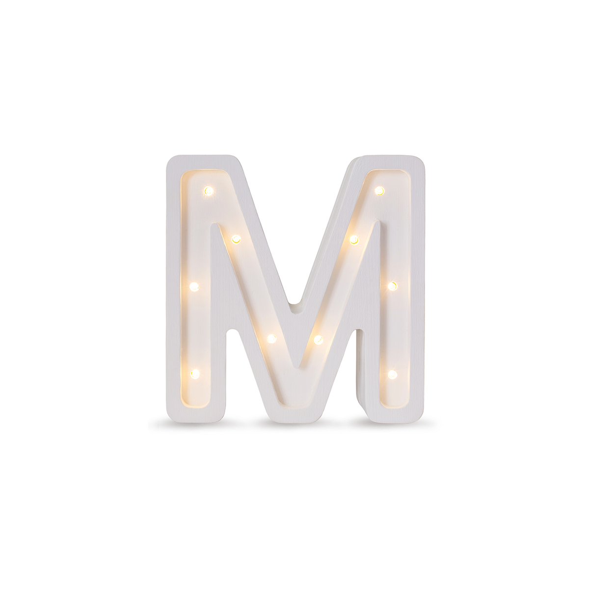 Little Lights mini wooden letter M night light in white, illuminated