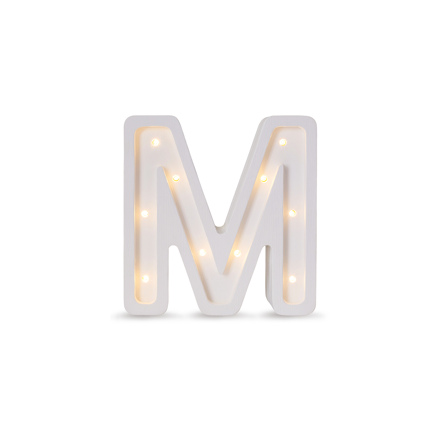 Little Lights mini wooden letter M night light in white, illuminated