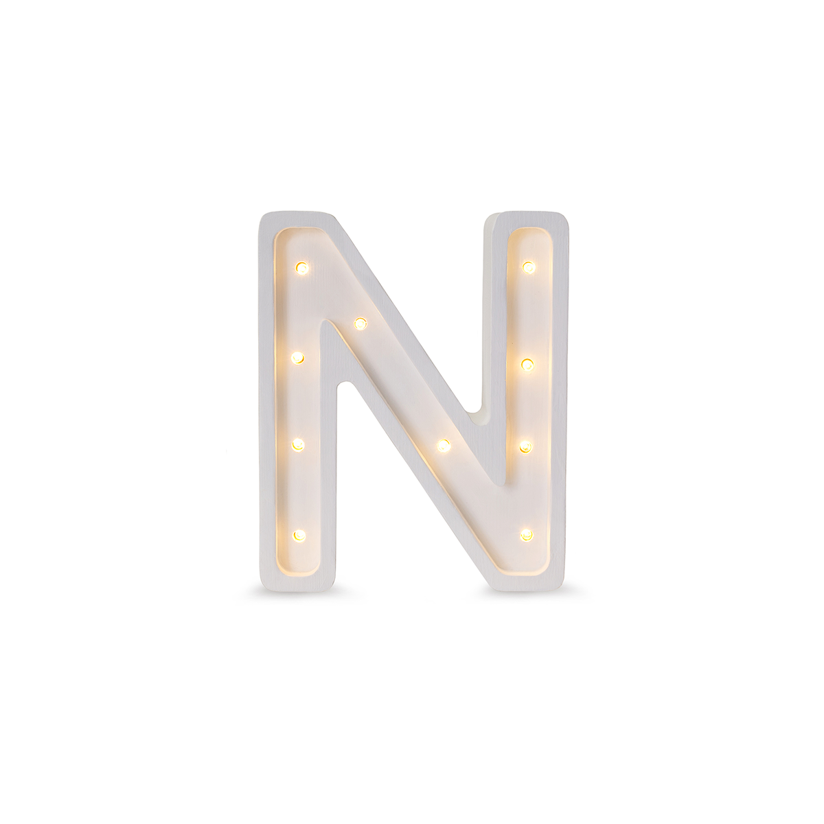 Little Lights mini wooden letter N night light in white, illuminated