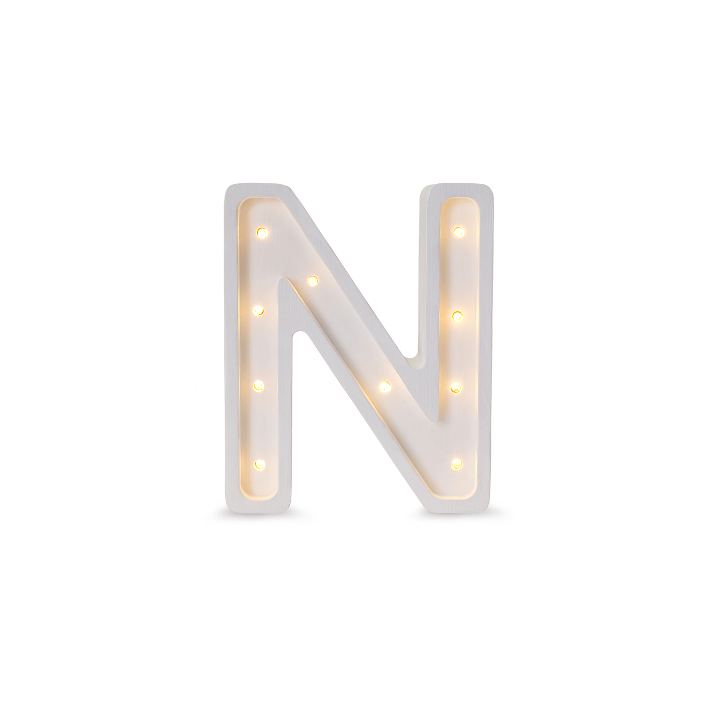 Little Lights mini wooden letter N night light in white, illuminated