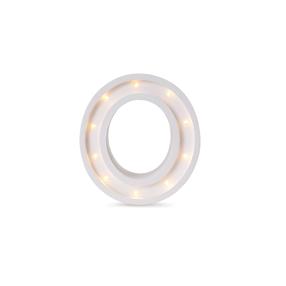Little Lights mini wooden letter O night light in white, illuminated