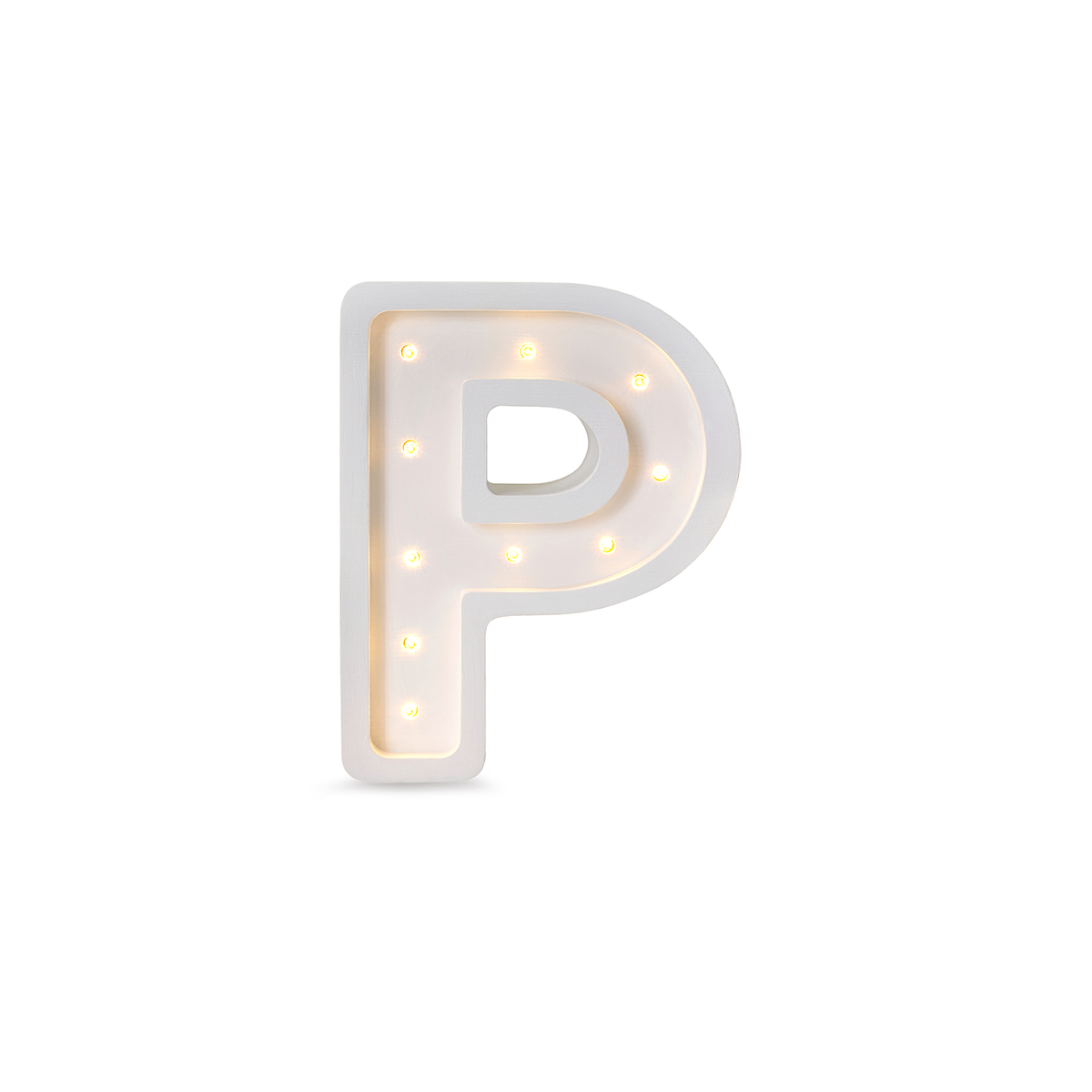 Little Lights mini wooden letter P night light in white, illuminated