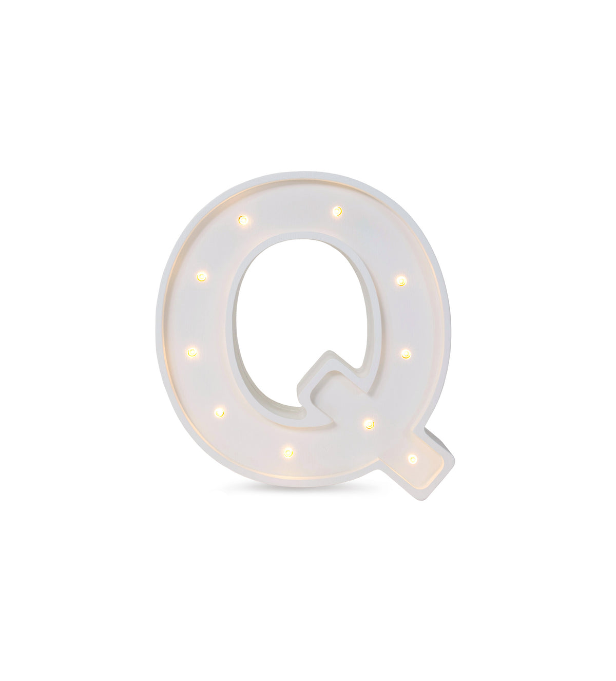 Little Lights mini wooden letter Q night light in white, illuminated