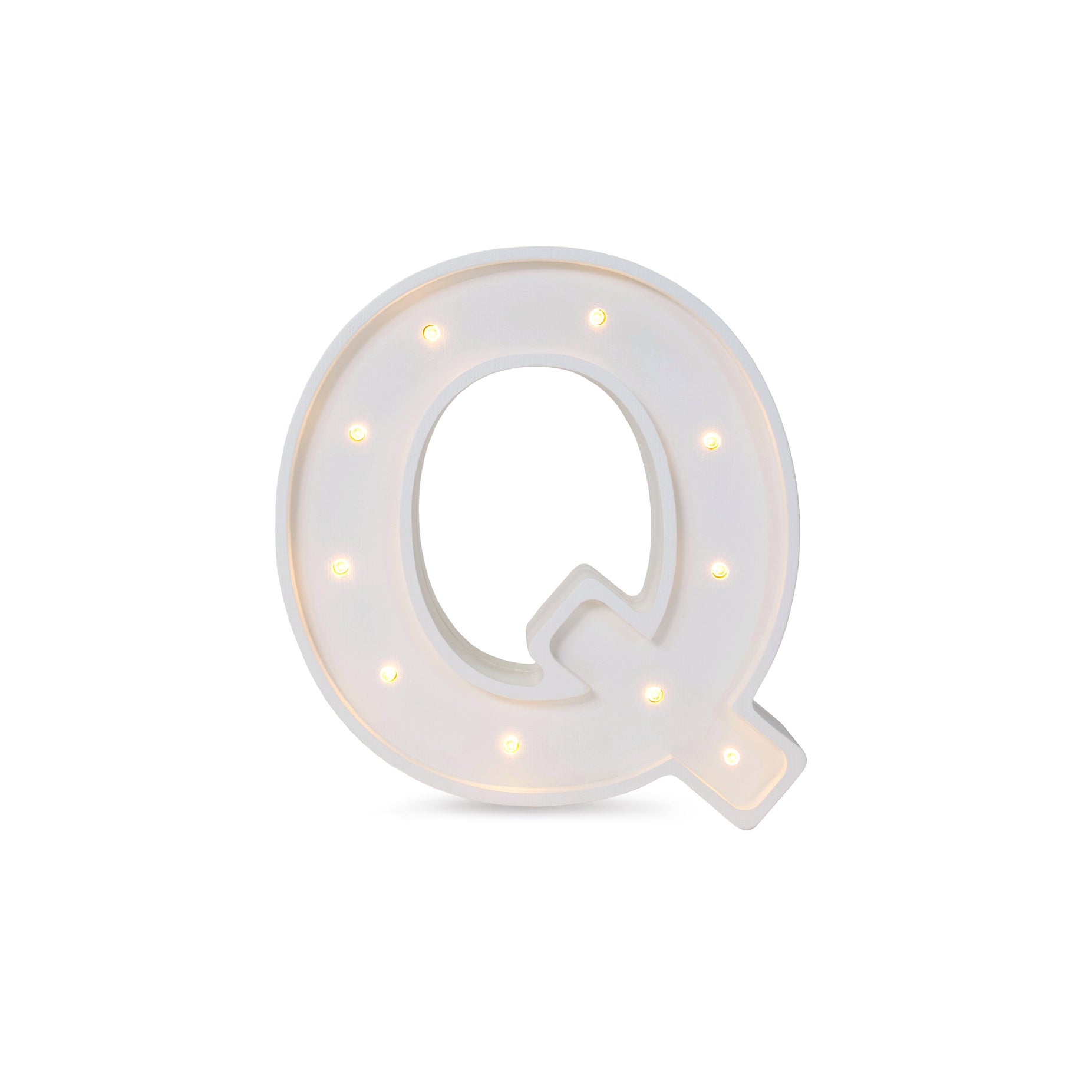 Little Lights mini wooden letter Q night light in white, illuminated