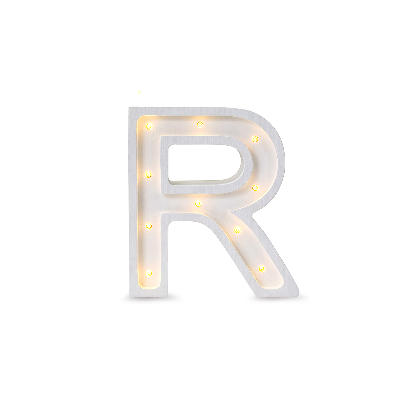 Little Lights mini wooden letter R night light in white, illuminated