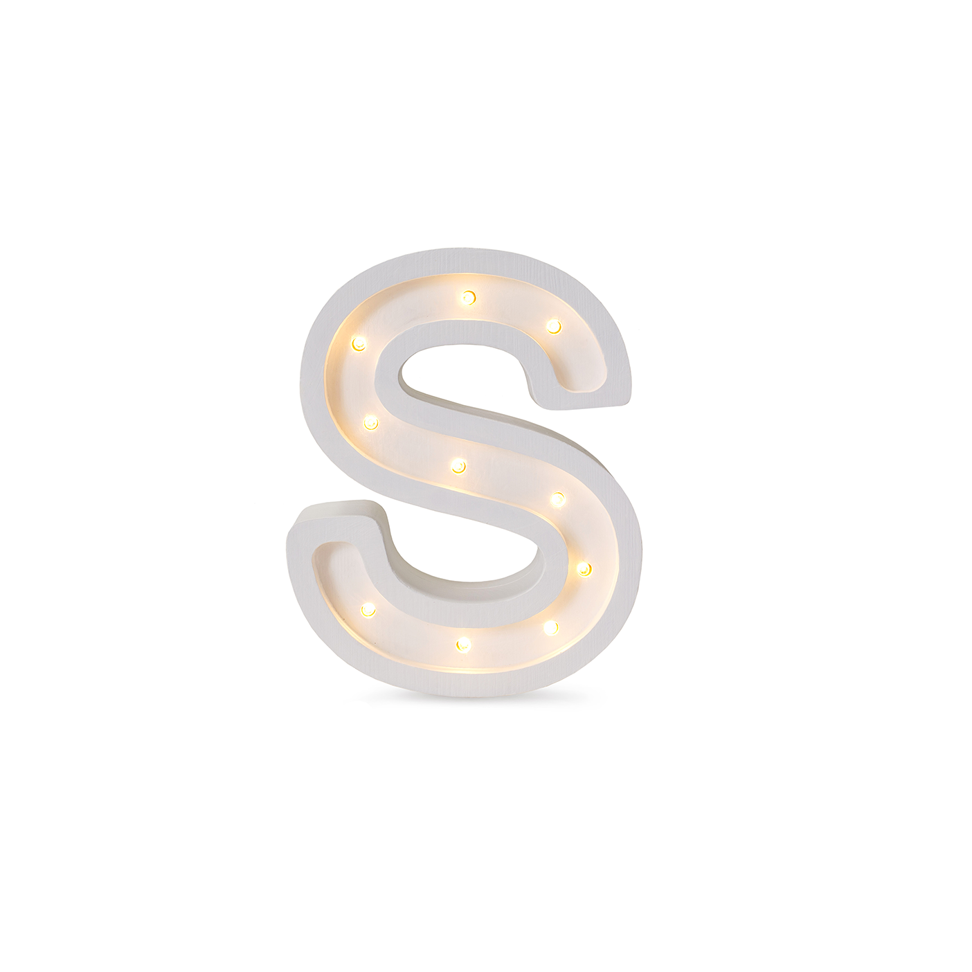 Little Lights mini wooden letter S night light in white, illuminated