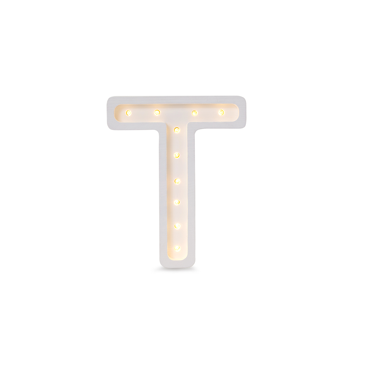 Little Lights mini wooden letter T night light in white, illuminated