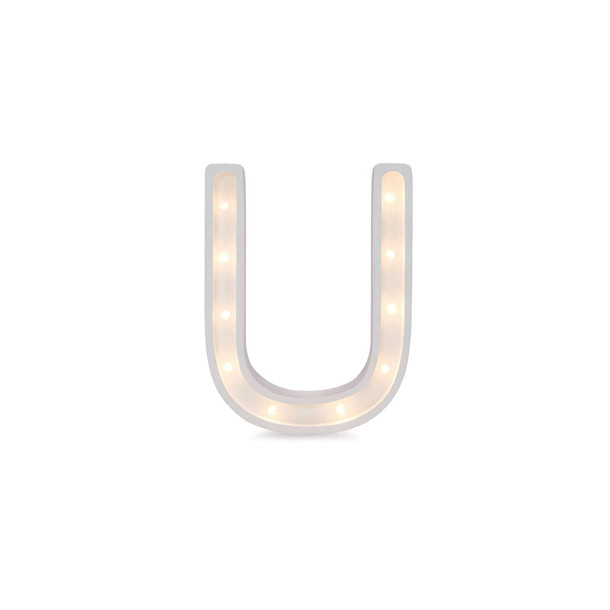 Little Lights mini wooden letter U night light in white, illuminated