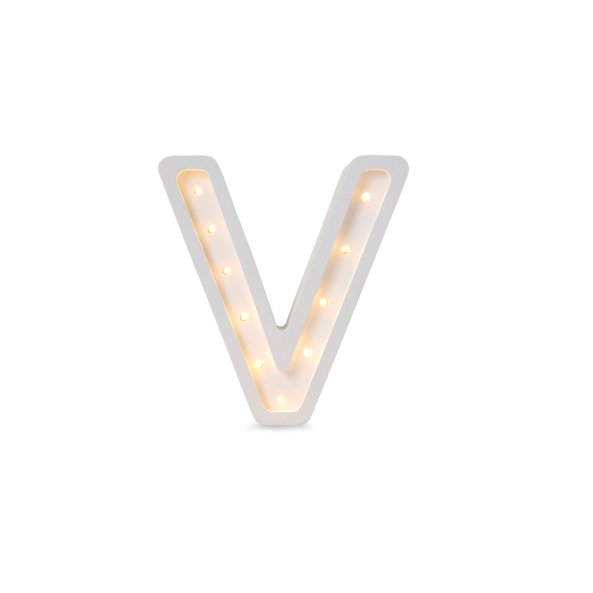 Little Lights mini wooden letter V night light in white, illuminated
