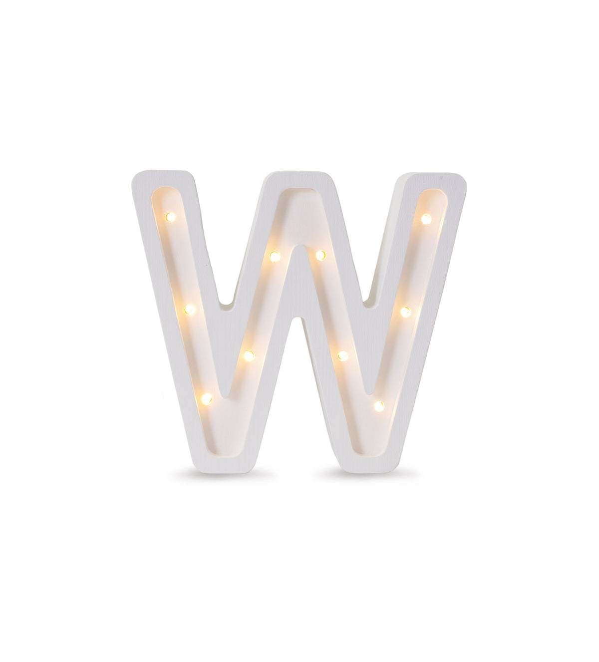 Little Lights mini wooden letter W night light in white, illuminated
