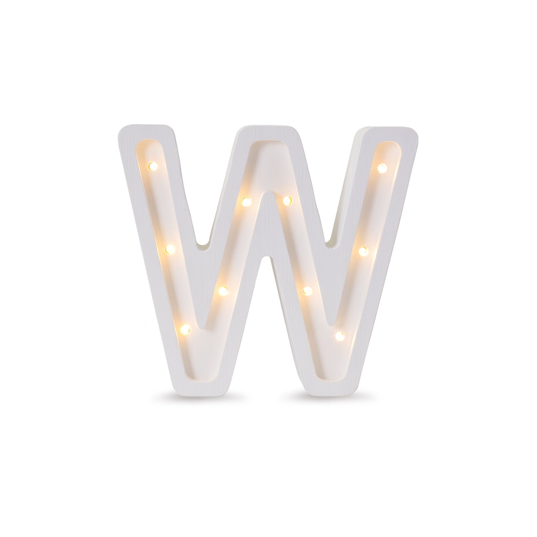 Little Lights mini wooden letter W night light in white, illuminated