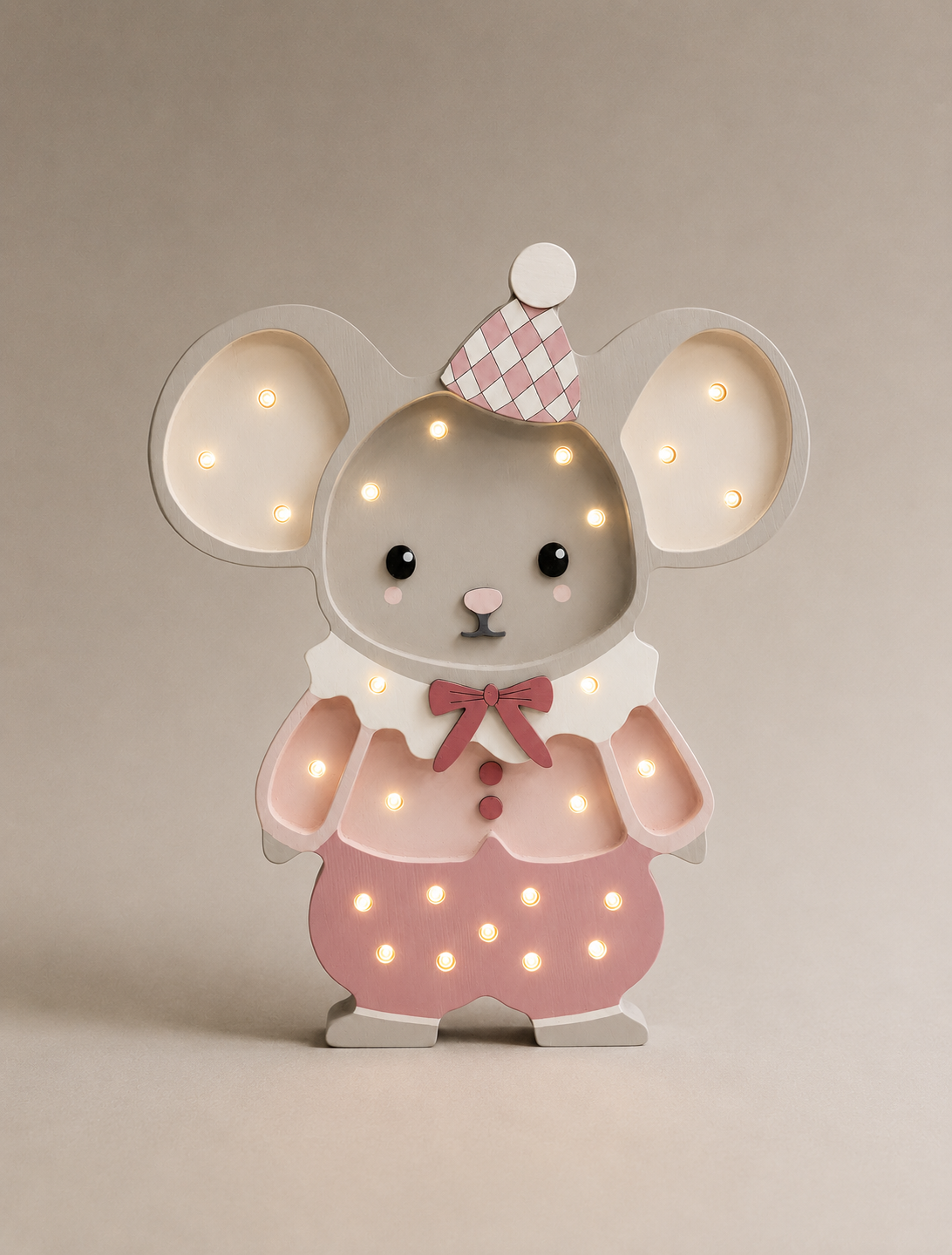 Nachtlicht Maus aus Holz für Kinder, handgefertigte Babyzimmerlampe, Babypartygeschenk, Maus im Maileg-Stil, Zirkus-Motiv, Mädchenzimmer, Rosa, Tierwanddeko