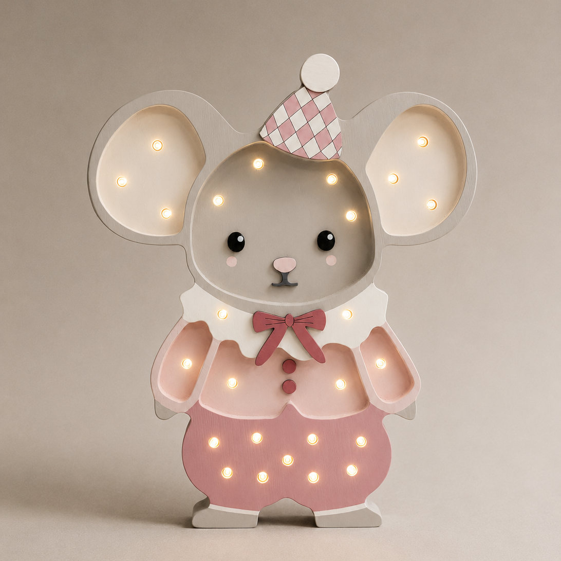 Nachtlicht Maus aus Holz für Kinder, handgefertigte Babyzimmerlampe, Babypartygeschenk, Maus im Maileg-Stil, Zirkus-Motiv, Mädchenzimmer, Rosa, Tierwanddeko